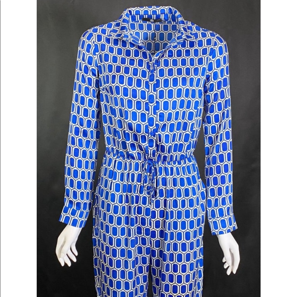 blue and white geometric print silky jumpsuit